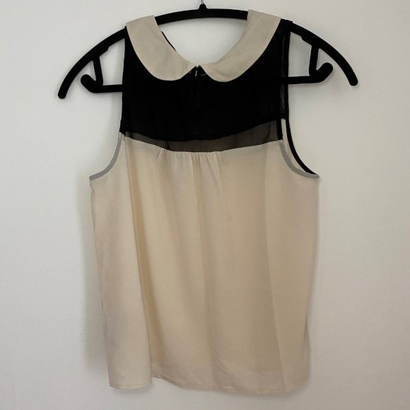 Peter pan collar top, Beige with black mesh, Size: Small - Picture 2 of 3